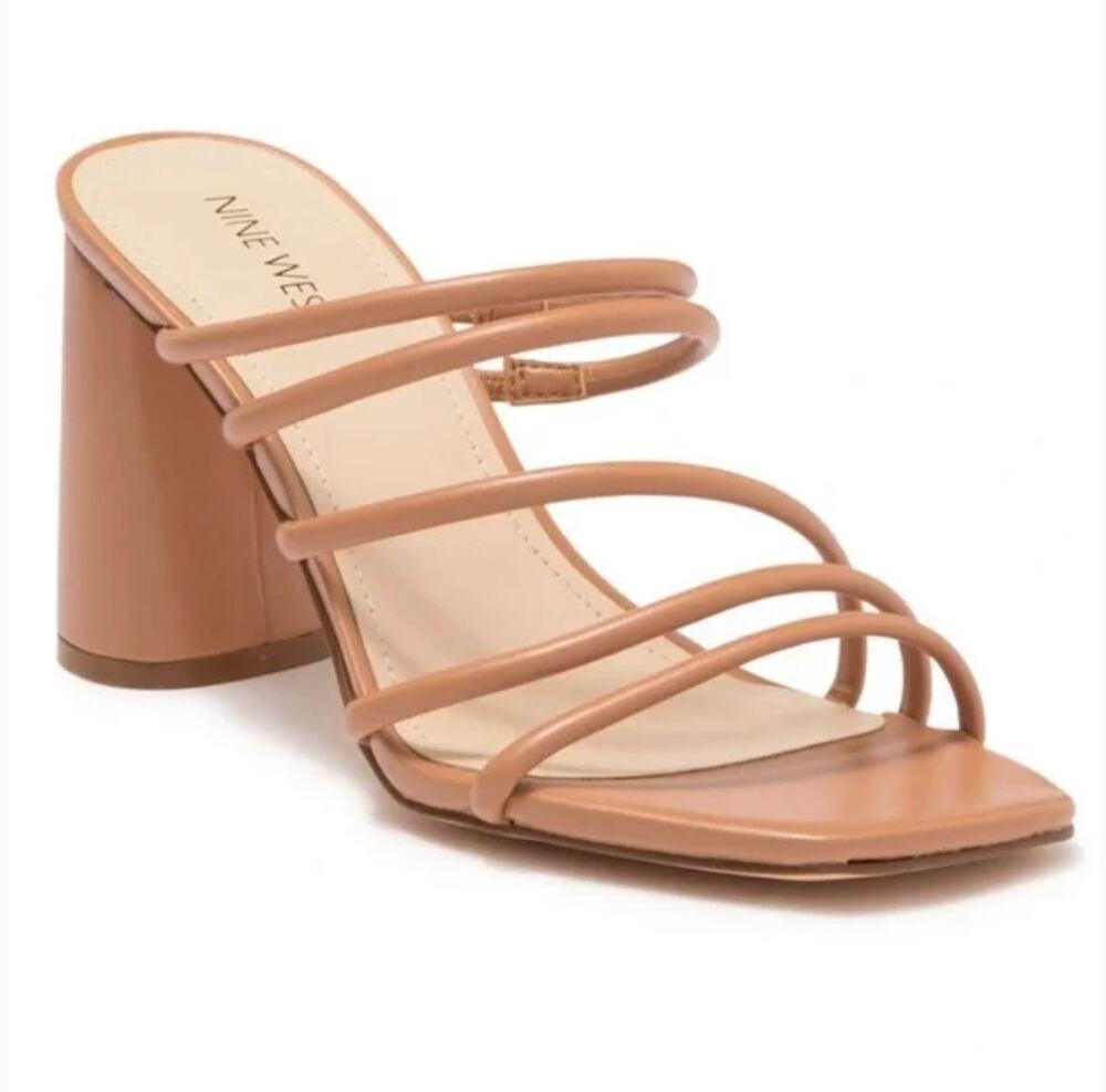 Nine West Getcha Heels 11 Tan NWOT Sandals Mules Strappy Block Heel 90s Y2K